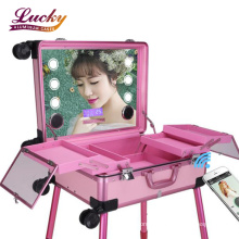 Pink Rolling Makeup Train Case With LED Lighted Travel Portable Cosmetic Trolley Case